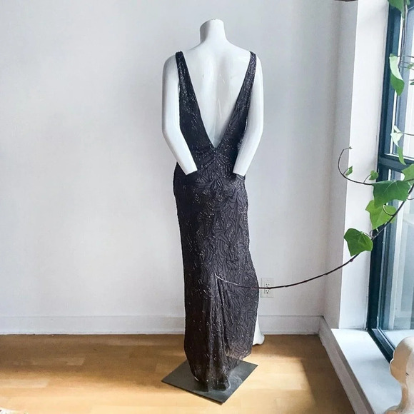 Frank Usher Sequin Embellished Bronze Asymmetrical Low BAck Cowl Neck  Gown 8 - Picture 7 of 13
